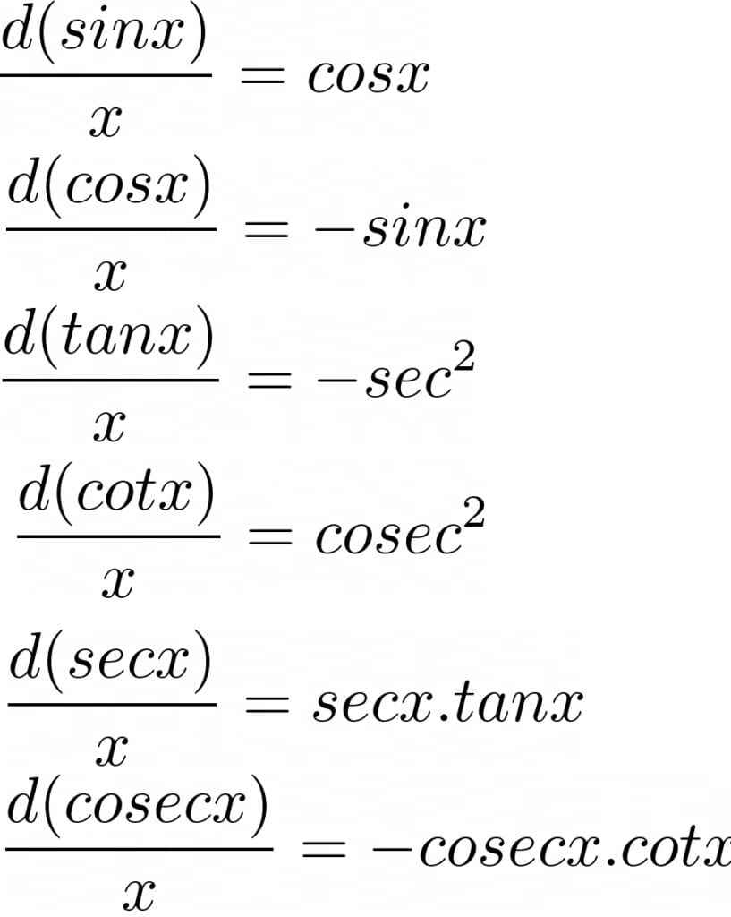 list of calculus formulas
